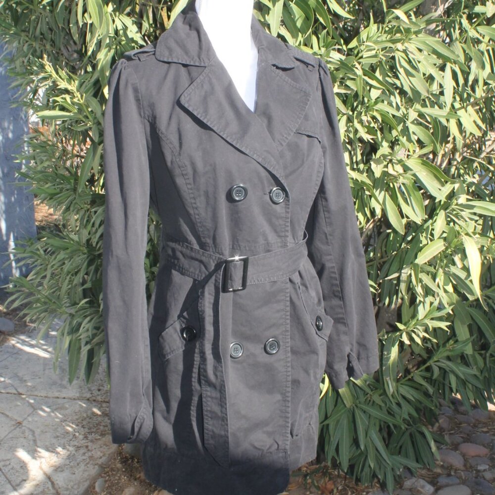 HOT KISS Black Trench Coat Woman Size Large Button Front Double Breasted Belt